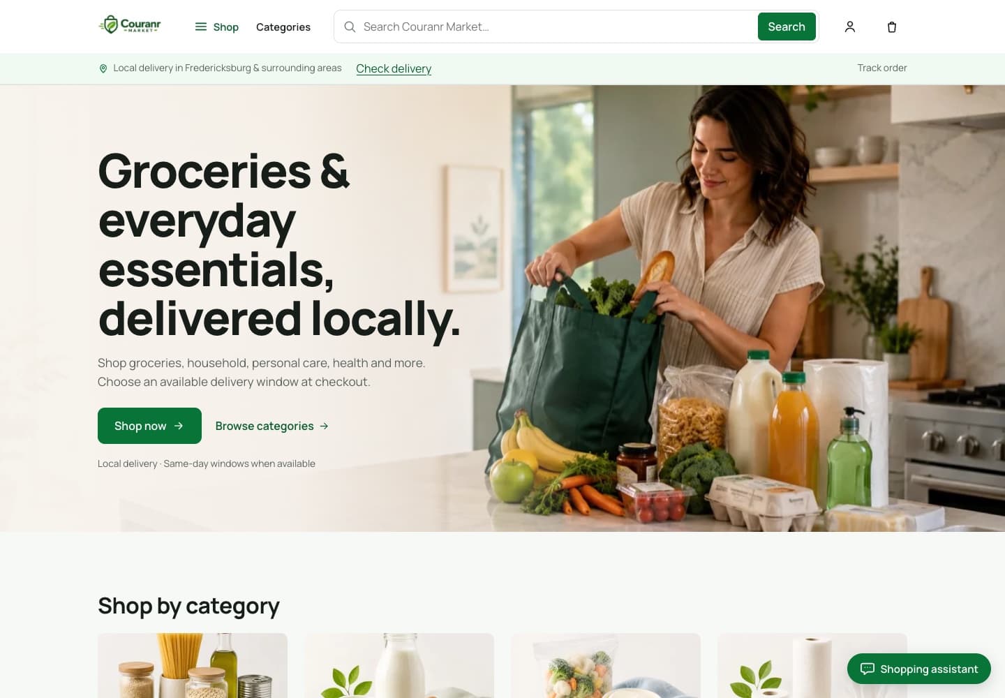 Couranr Market storefront showing local-delivery categories and products