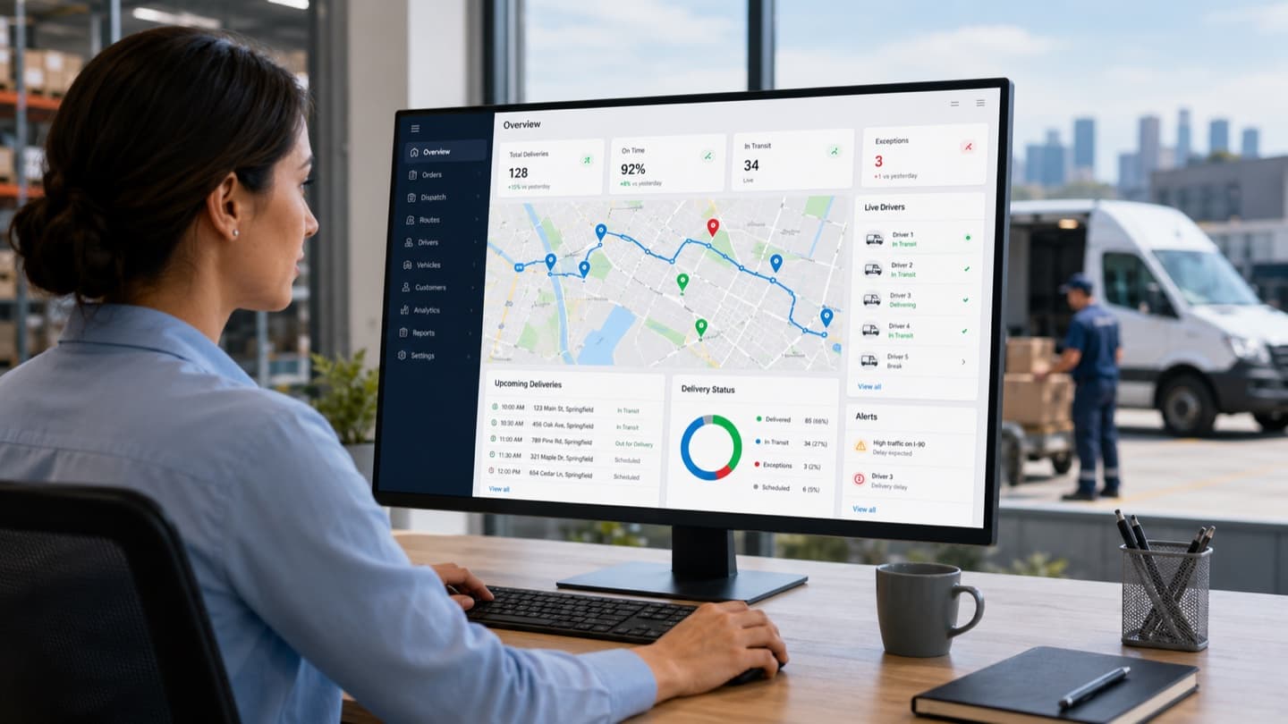 Fleiko dispatch dashboard with live map, driver statuses, and delivery metrics