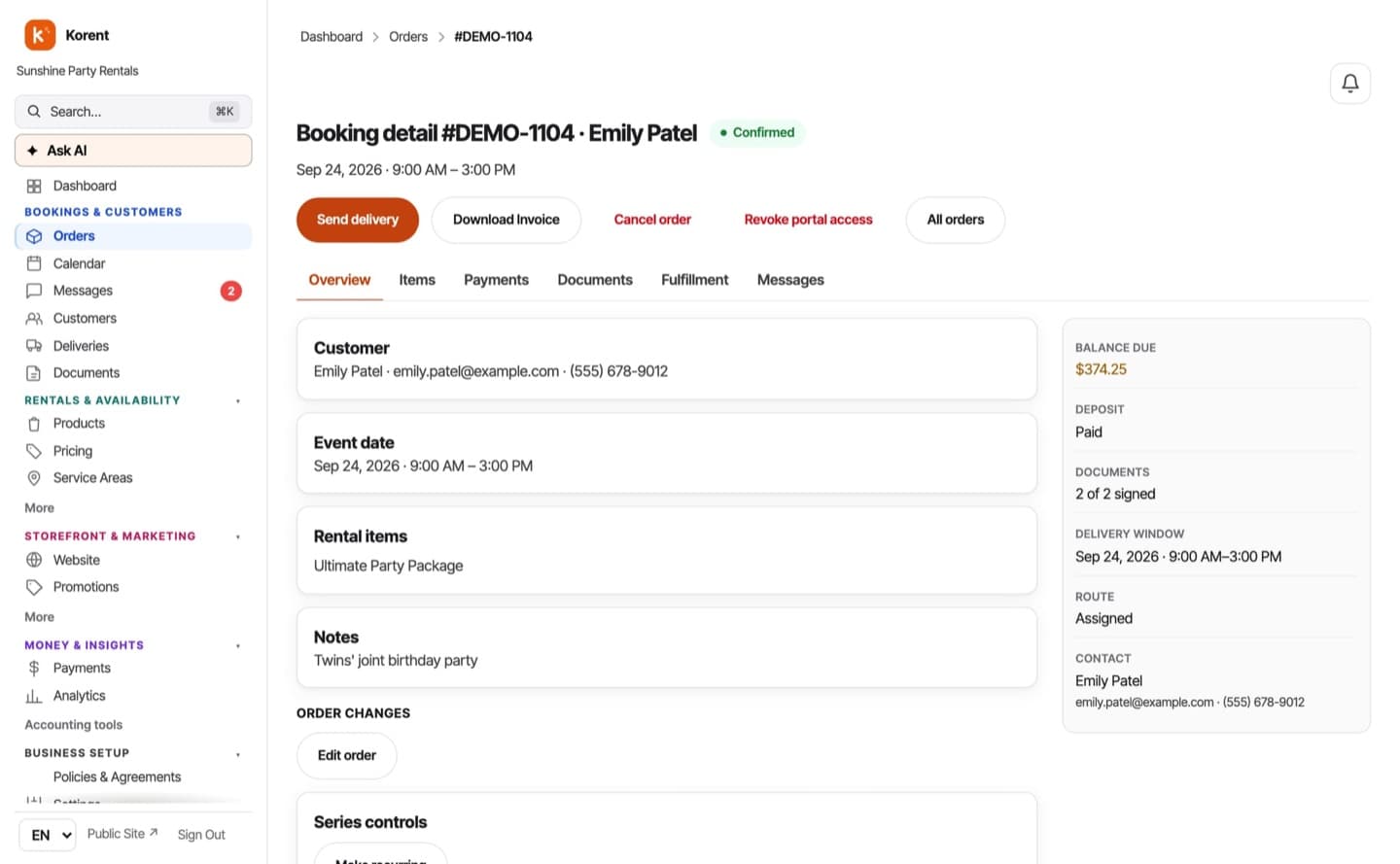 Korent operator dashboard showing a confirmed rental booking with payments, documents, fulfillment, and customer details